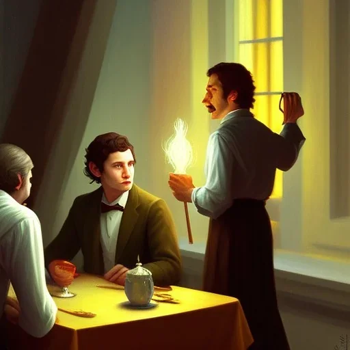 Frodo and Gandalf at a dinner at night painted by edward hopper