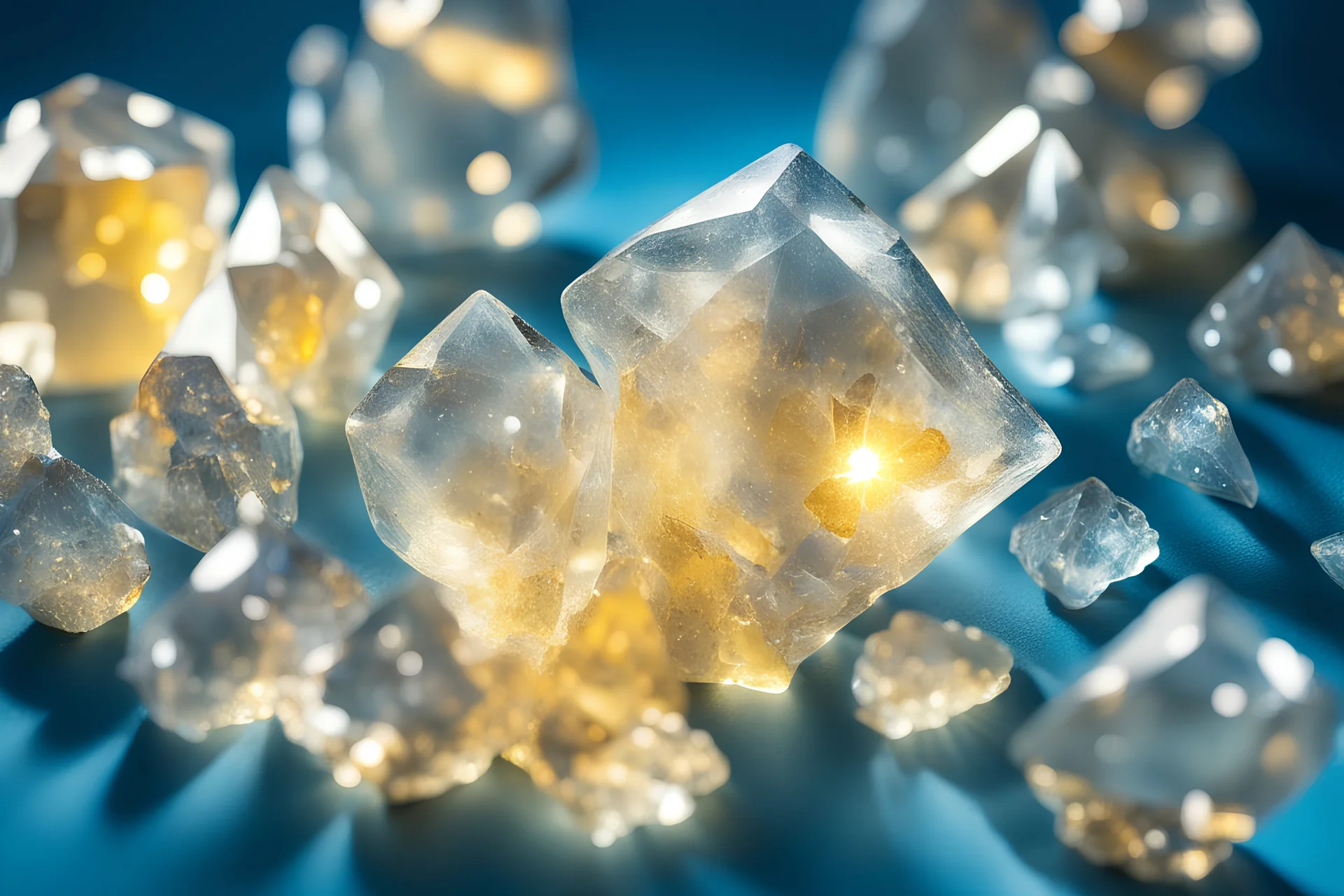 cristalli trasparenti con luce gialla circondati da raggi di sole con sfondo azzurro