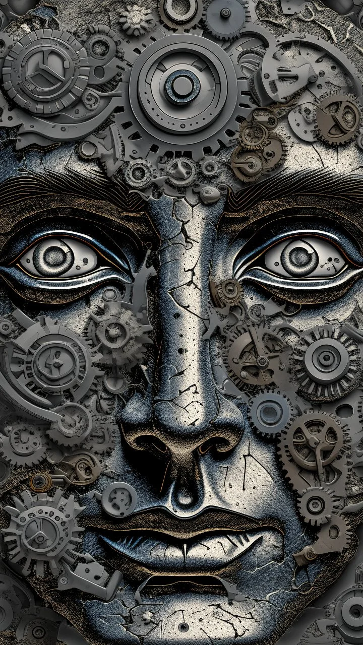 Bosch style painting , A balled face in details . The texture of the face is a collage of many 3D gray metallic clock gears and screws covering the whole face and the eyes are covered by caves figures