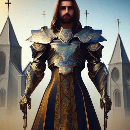 A handsome npc standing in front of a church, futuristic design, a paradise in background, close-up face, geometric armor, female face, 3d unreal engine