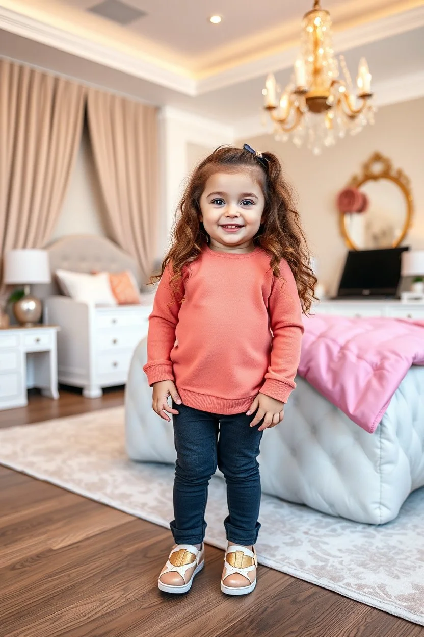 a 3 years old girl with curvy long hair in modern clothing and makeup standing pose with cute and joy with pertty shoes in a very large luxury baby bedroom