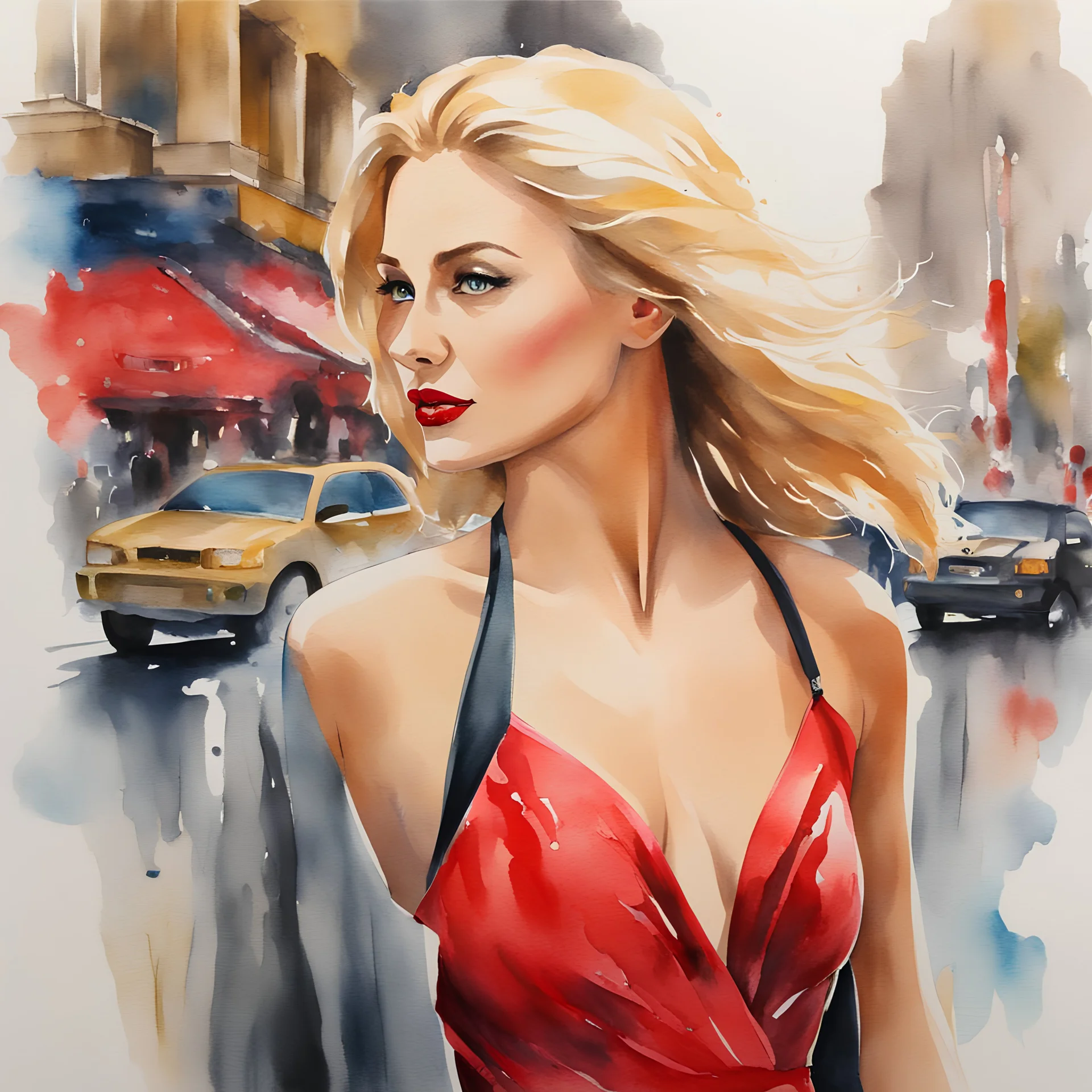 Full portrait "watercolor painting of a beautiful woman dressed with red dress, blond hair,,walking at the city. vivid colors, ink , splash art, Watercolor Paint drips. Sharp focus Bright, bold realistic colours Hyper-detailed"