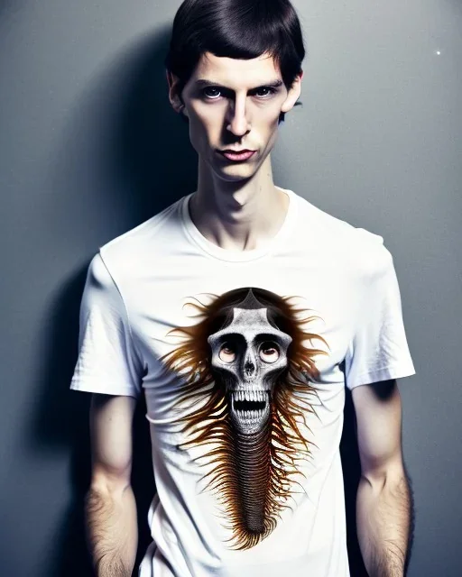 a tall rattled guy with short dark hair tousled on top, a long neck and limbs and is wearing a t-shirt with a shirt over and skinny jeans