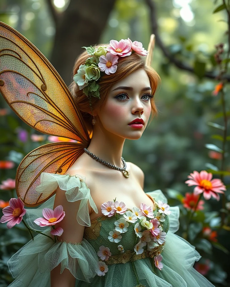 Full body Gorgeous Digital Photography Realistic full dress steampunk classic pixie flowers with a resemblance to Beautiful woman Tinkerbell, beauty sharp contrast colors,jungles background,digital fantasy art