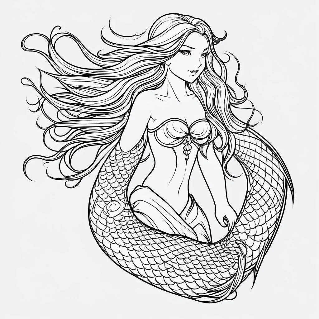 mermaid, cartoon, real style, realistic, minimalistic, minimal black line art, line art, crisp line art, unique coloring sheet, outlined, outline, crisp, crisp line edges, crisp clear lines, line art, clean line art, unique, 8k, amazing, masterpiece, no colors, no dark color, no black color, avoid thick black, minimalistic line edges, white back ground color,