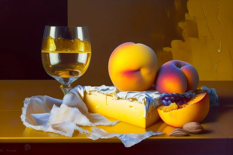 Create a masterpiece an oil painting on cracked canvas: of a Gleaming melting chrome serving tray with spent wine, partially decayed grapes, peaches, oranges, lemon's, walnuts, discarded dry stale bread and mouldy cheese, cloth draped over an old wooden ultra textured table, ultra-realistic portrayal, 8k resolution, rich cool tones, intricate textures, reflections, flawlessly polished exteriors, rule of thirds futuristic concept art of a still life Masterpiece. Modifiers: trending on Artstation