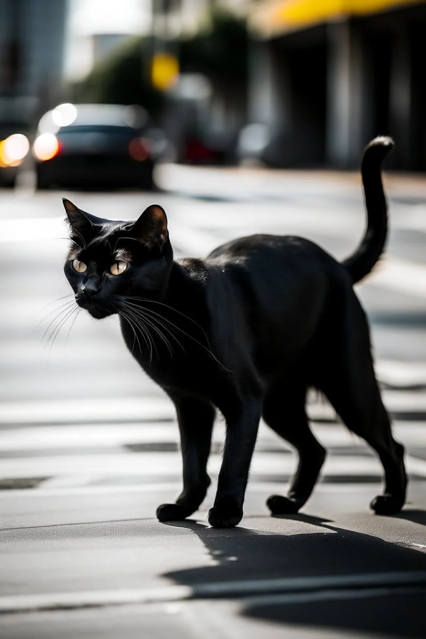 black thin cat crossing street