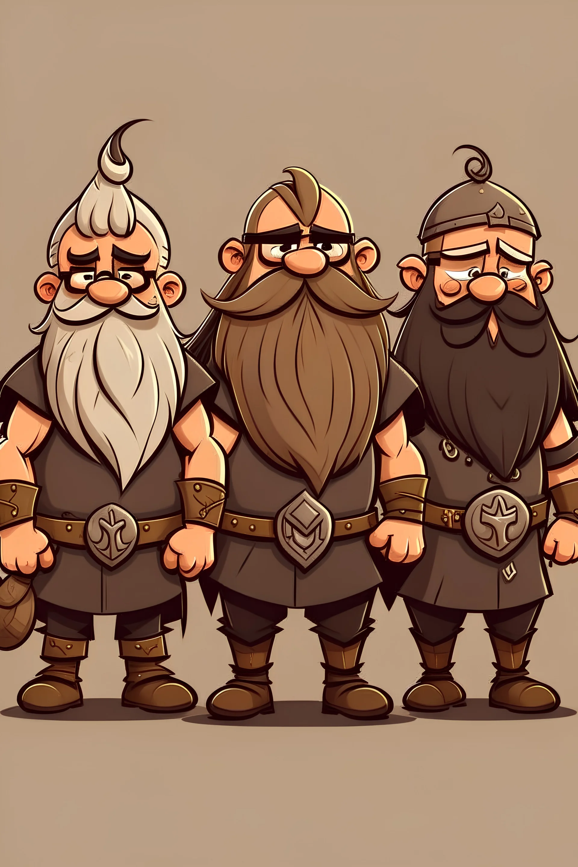 depict four vikings in a cartoonish style. 1st viking with a belly, glasses and beard, 2nd viking with black curly hair and glasses, 3rd viking with a bald head and scars 4th viking tall with big belly and long hair with a mustache