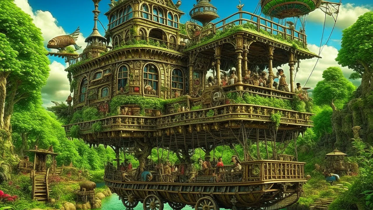 steampunk gipsy caravan crossed with a boat flying high over a jungle with platforms, verandas, and people, cogs, pulleys, intricate