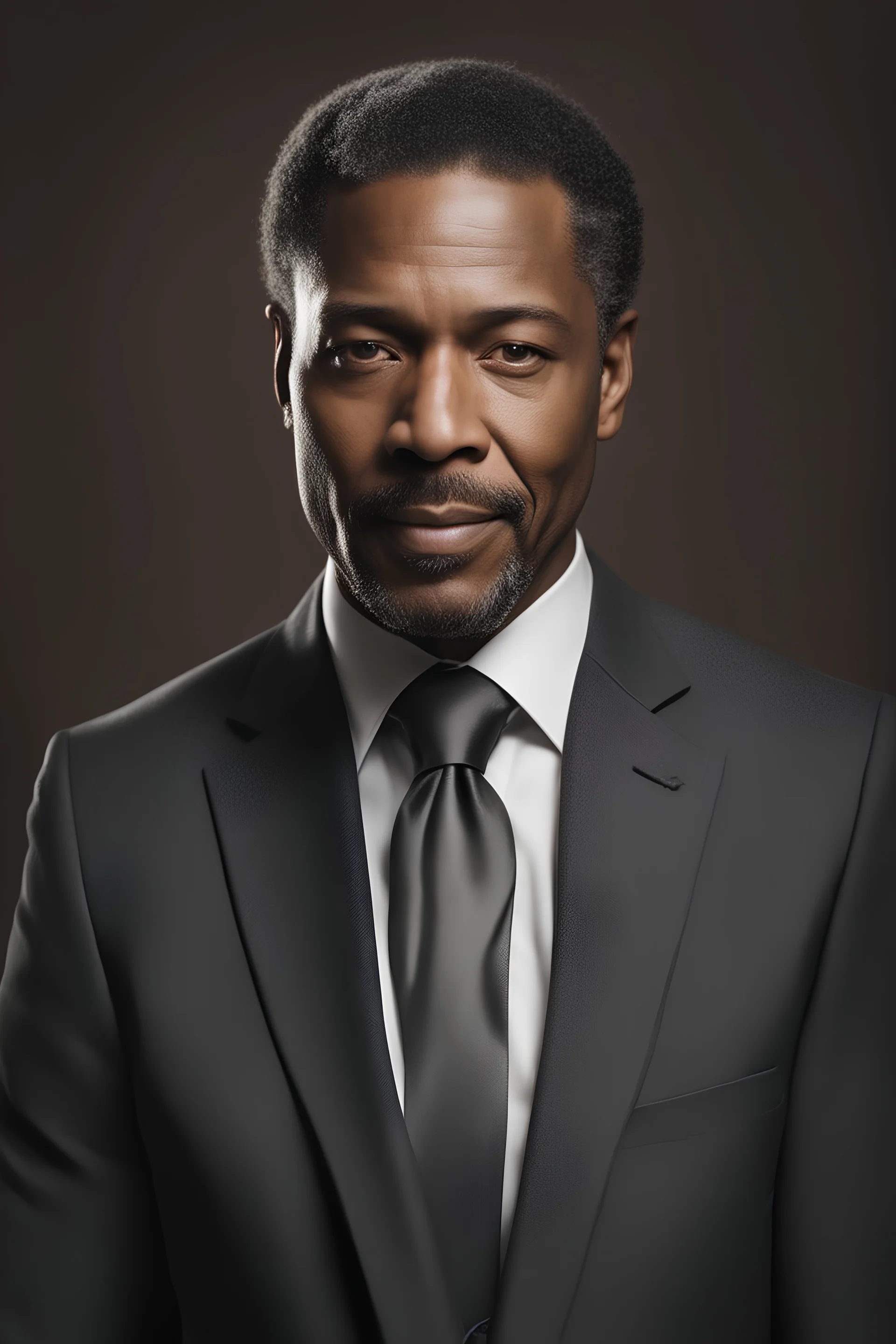 An extremely formal, funeral program on darkest brown deep pigmented shiny paper with brilliant, brightest silver fonts, for a strikingly handsome slightly tanned Biracial Black man of 58 years of age, with a slightly gray goatee dressed in a very dark conservative suit and tie, he looks like a businessman, the photograph has a dark brown background or dark brown drapery background, minimalistic, less element, very dramatic lighting,