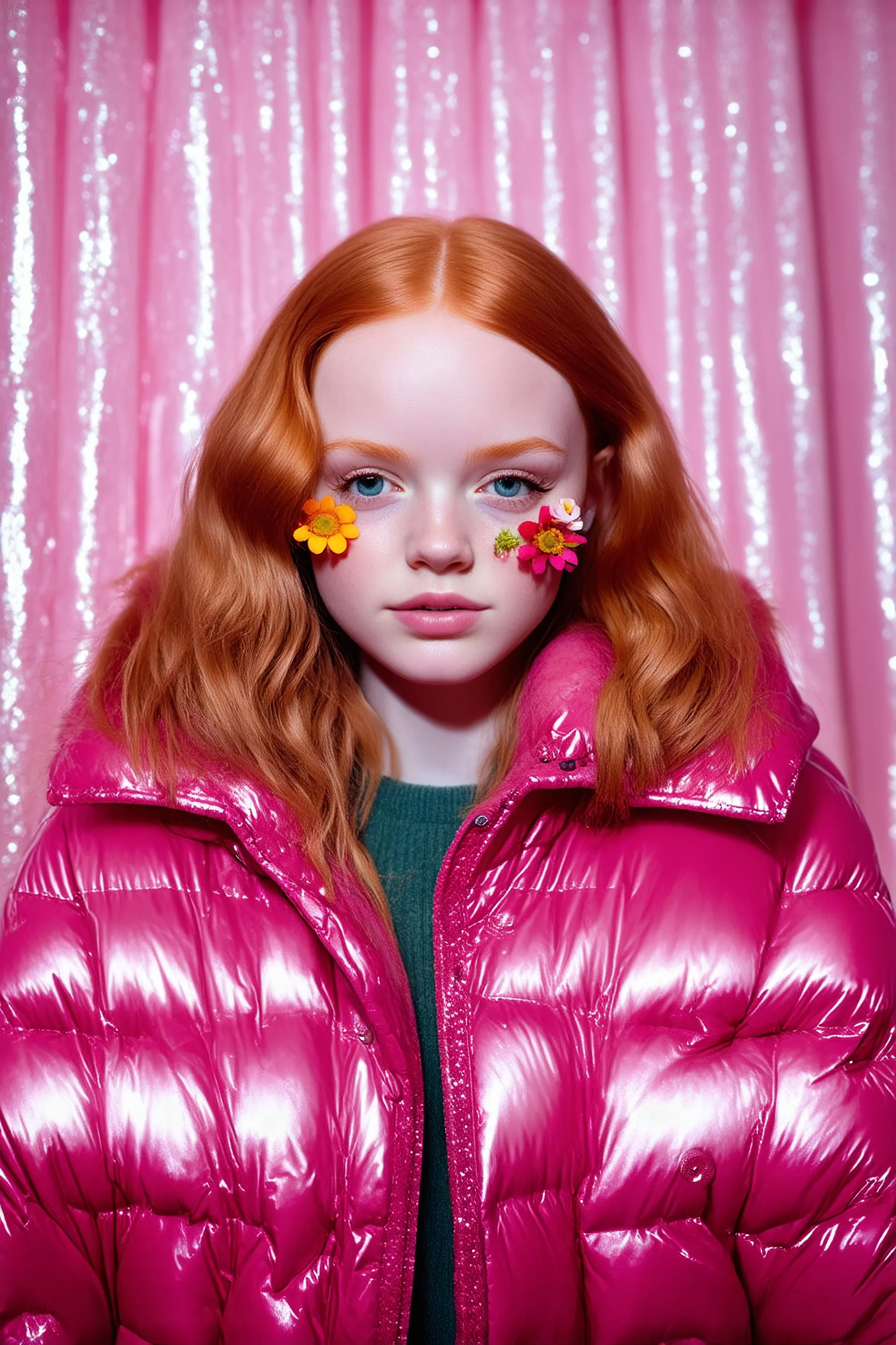 Autochrome of sadie sink, she has flowers on her face, her eyelashes are very long, she is wearing a shiny pink puffer coat, ,the light is pink, à pink curtain in the background with glitter