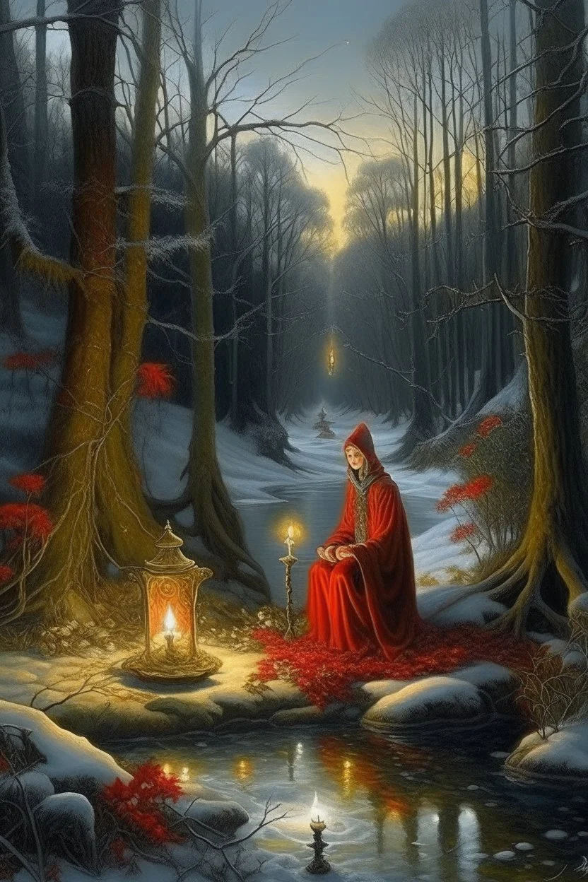 Hyperrealism against the background of a winter landscape in a forest with a bonfire +mirror portal with a whirlpool of water + a man in a red-gray robe with a hooded back + +rite+candles+dried flowers+wildflowers+moss++flower decoupage+embroidery technique+braided beads+vine+moonlit night,fabulous landscape,surrealism,realism,naturalism,dot technique,microdetalization,high detail objects,digital illustration,volumetric clarity,dark fantasy,dark botanical