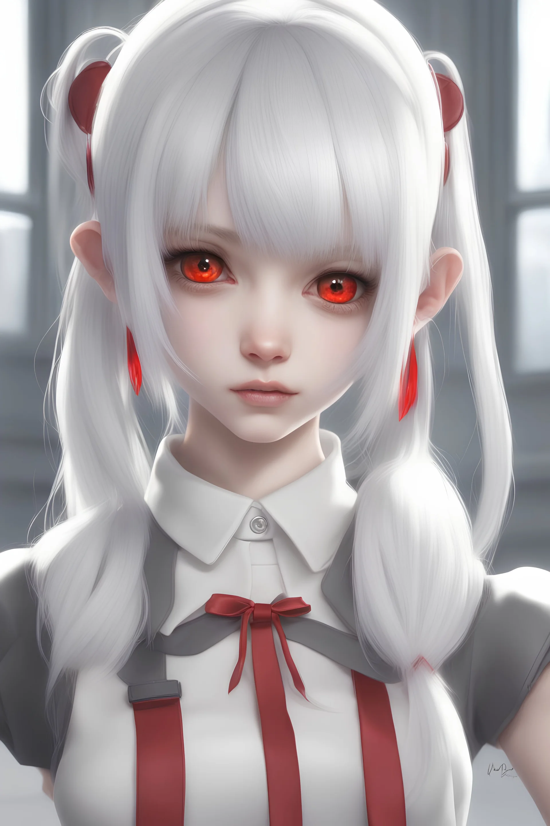 realistic 4k, white hair bangs , high piggy tails, red eyes,