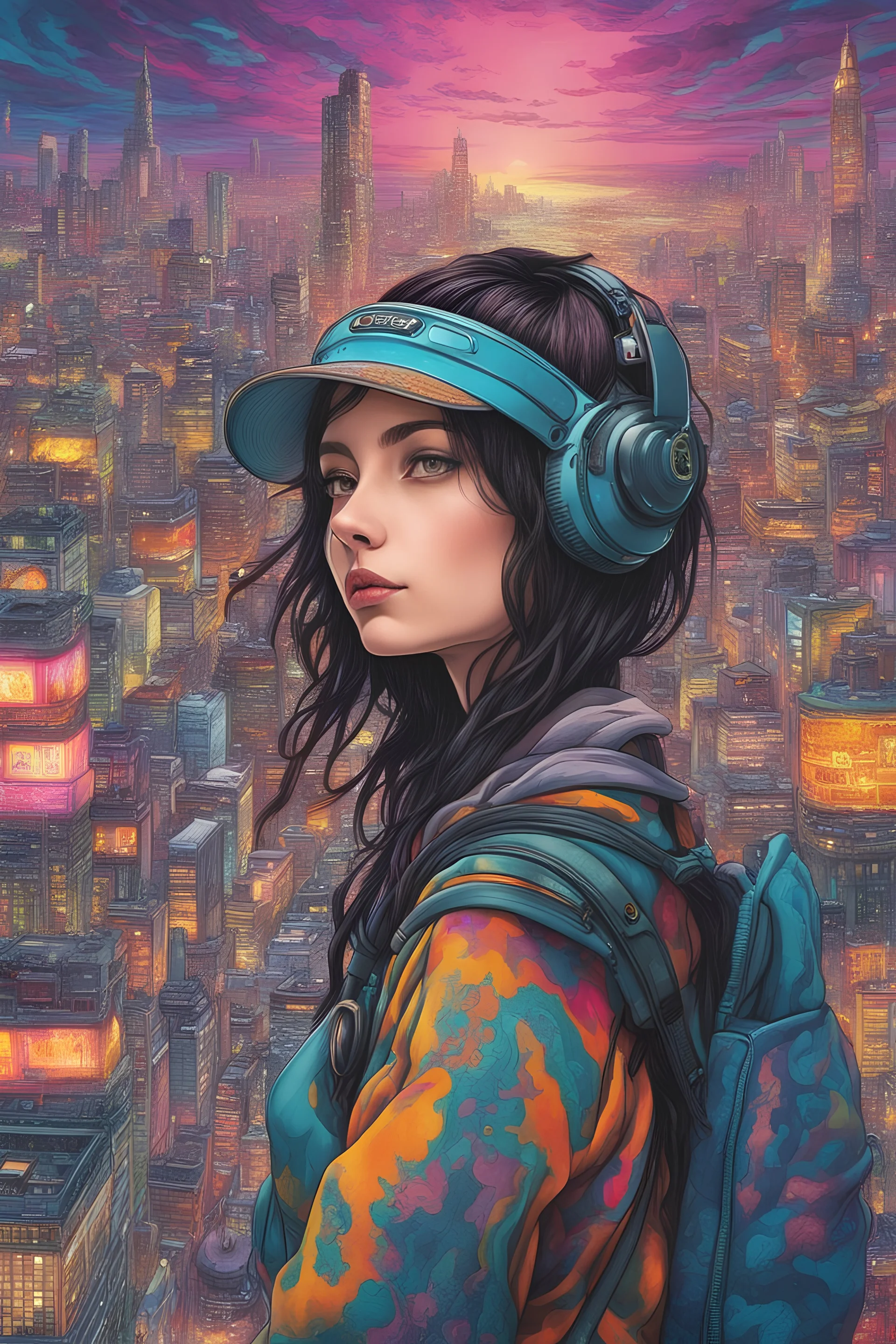 psychedelic Genius girl thinking deep thoughts cyberpunk city, hyperdetailed and highly intricate digital illustration, by Ghibli Studio, vibrant colors, Black ink flow: 8k resolution photorealistic masterpiece: by Ghibli Studio, photo realistic