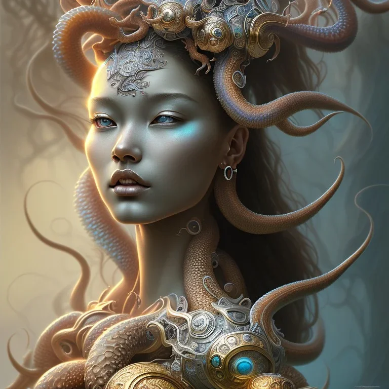 Sango fantasy, fantasy magic, intricate, sharp focus, illustration, highly detailed, digital painting, concept art, matte, art germ and Paul Lewin and Kehinde Wiley, masterpiece Indonesian lady head bronze octopus Asian African girl nice breast Thai hair turquoise silver blue waves