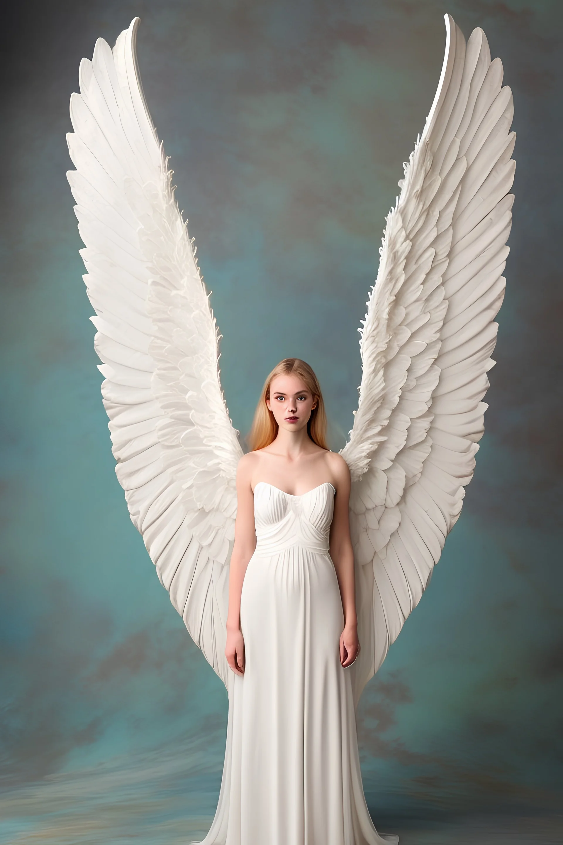 Full body Woman angel A pair of majestic angel wings, permeated with a royal shade of white, gracefully stretches against the captivating background of a photo studio. The juxtaposition of heavenly wings and the ornate wedding arch creates a mesmerizing blend of the heavenly and earthly, evoking a deep sense of awe and delight.