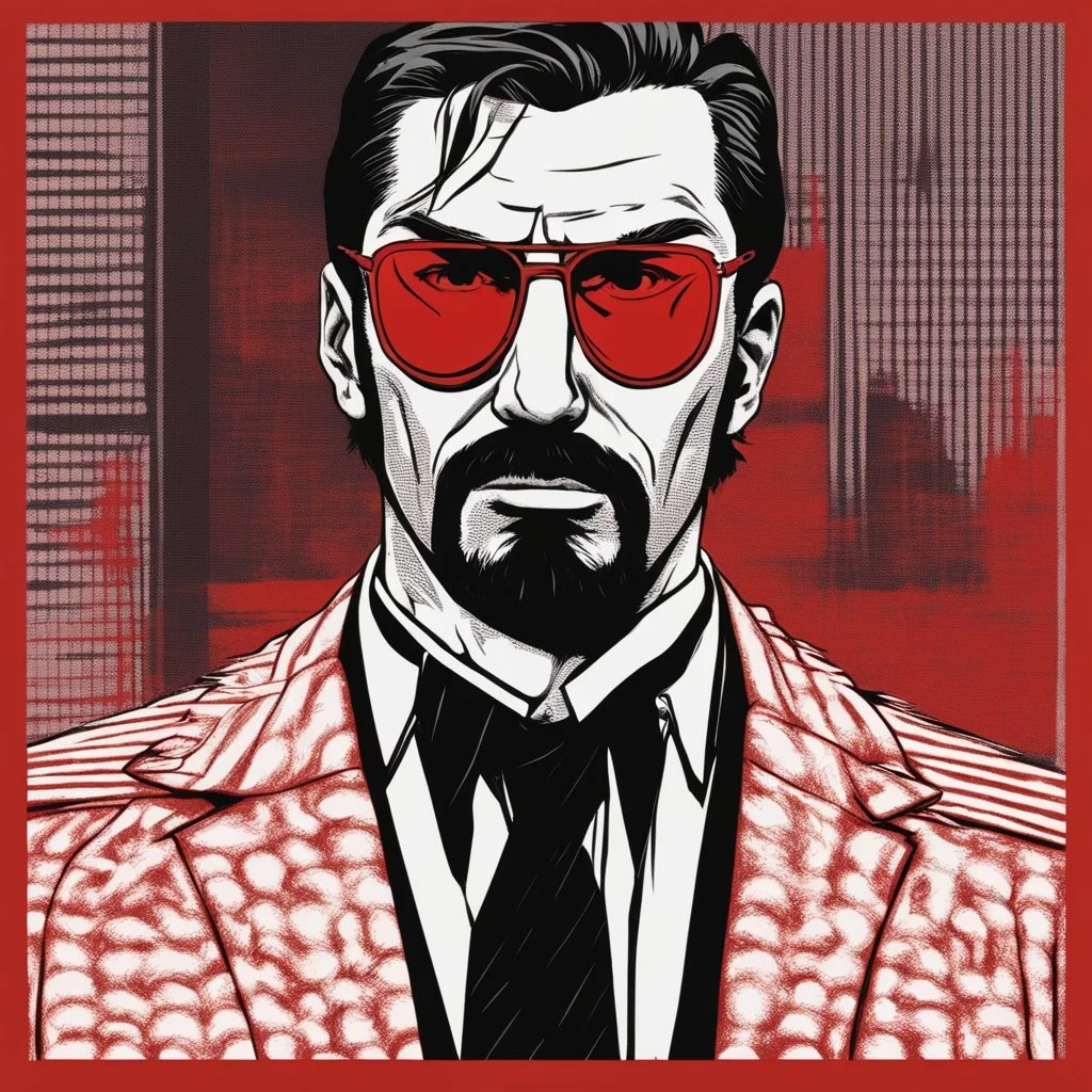 a young man with big muscles who looks like hans gruber wearing a turtleneck and red sunglasses staring with an angry look on his face