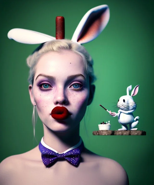 Ultra realistic portrait, wonderland party club, wide-angle lens, couple, cinematic, happy blonde woman smoking a pipe, accompanied by elegant anthropomorphic white rabbit, circus dress style, old school tattoo, laughter, smoke, marijuana and mushrooms background, glow eyes, perfect iris, soft color, highly detailed, unreal engine 5, ray tracing, RTX, lumen lighting, ultra detail, volumetric lighting, high definition.