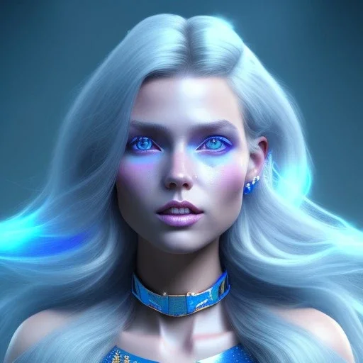 A portrait of a full body crystalised blue pink queen,smiling face, blue eyes, long blond hair, atmospheric, realistic, unreal engine, lighting