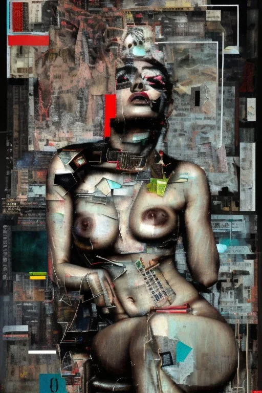 Ultra detailed medium portrait painting of a half naked woman sitting on a chair, bended over, dark room with little light coming from an open door behind her, torn up collage of clippings, broken circuitry background, matrix effects, punk visual art, punk art aesthetic, graffiti art, pop surrealism, collage art, cluttered paint glitches