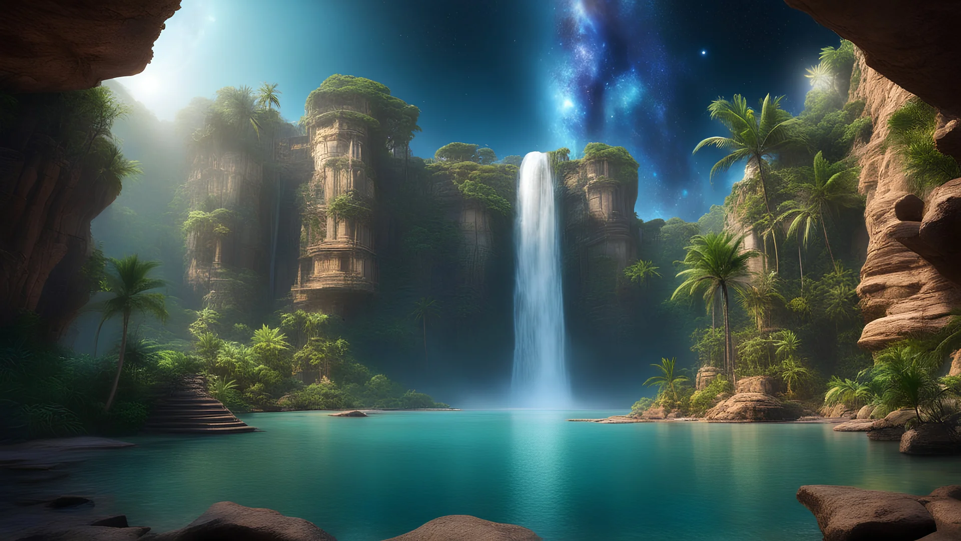 , rocky cliff, Palace carved into the rock, galaxy, infinity, space, water , statue , sci-fi., rocky cliff, Palace carved into the rock, galaxy, infinity, space, water , statue , sci-fi. jungle palms waterfall