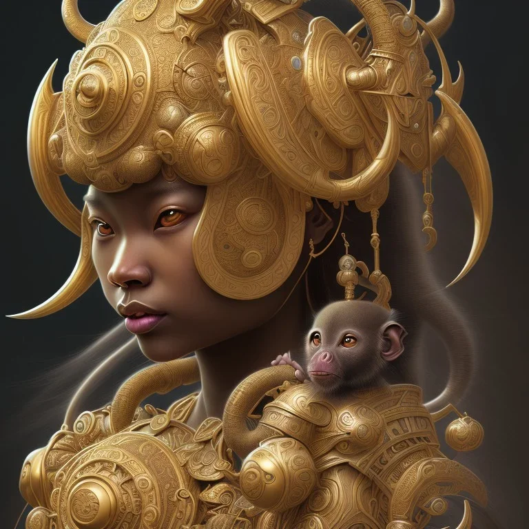 Sango fantasy, fantasy magic, intricate, sharp focus, illustration, highly detailed, digital painting, concept art, matte, art germ and Paul Lewin and Kehinde Wiley, masterpiece black elephant head bronze monkey Asian African girl nice breast Hawaiian hair turquoise golden waves