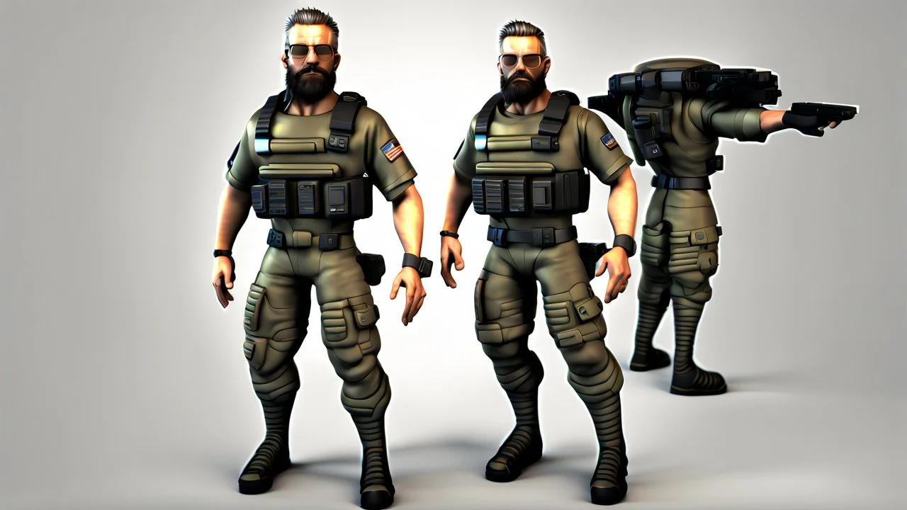 ps2 graphic, military, male, sci fi, game character, full body, t-pose, 3d render, old school shooter, middle aged, beard, ps2 style