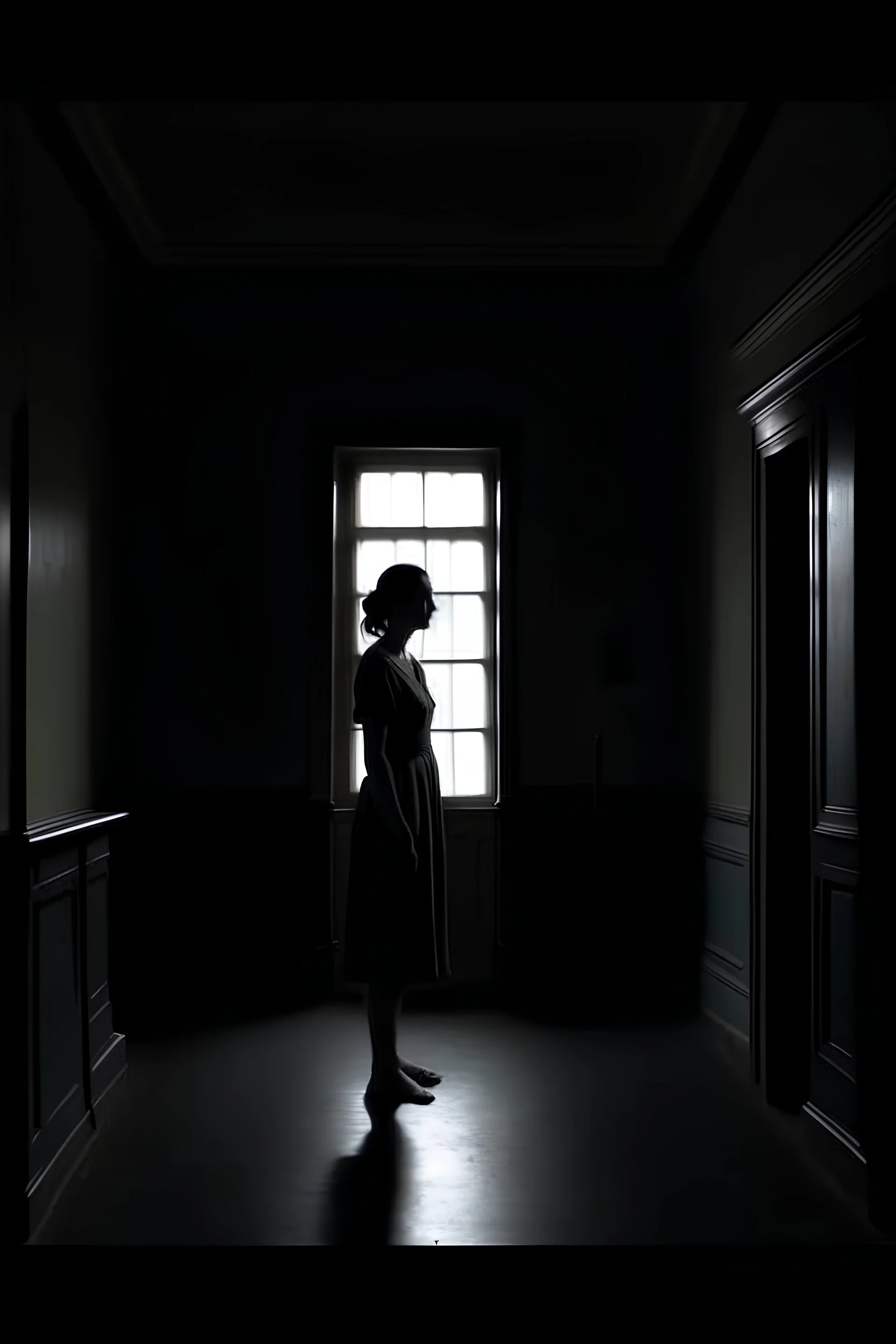 a woman stands in the corner of a room cinematic dramatic hd highlights detailled wide and depth