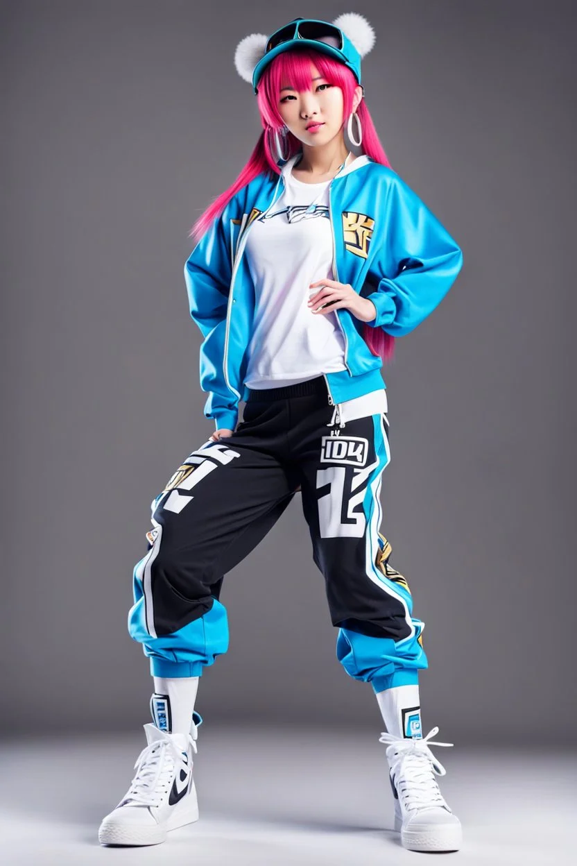 a cute full body shot of anime adult lady wearing hip hop dance clothes standing