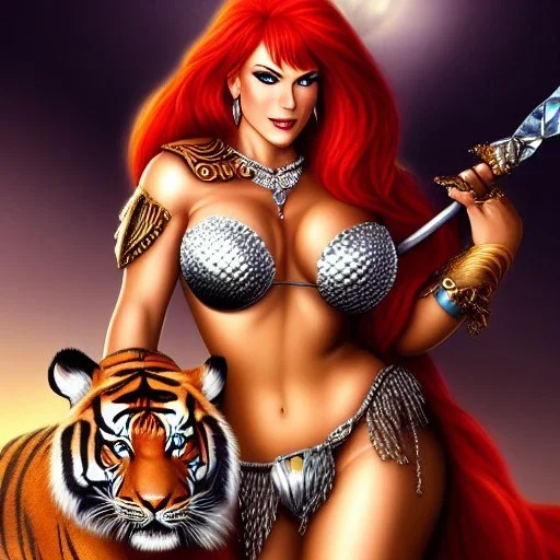 ultra detailed fullbody portrait of busty beautiful Red Sonja riding a Big Tiger , extremely detailed digital painting, intrincate, extremely detailed smiling face,crystal clear Big Green eyes, in the style of Fred Benes,mystical colors,perfectly centered image, perfect composition, rim light, beautiful lighting,8k, stunning scene, raytracing