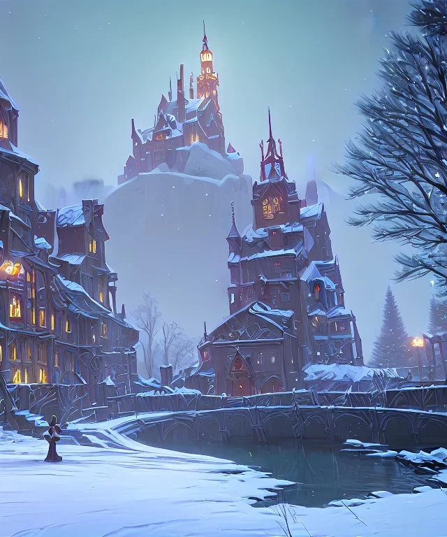 A magical snowy warlock castle with river canals and a large Christmas tree