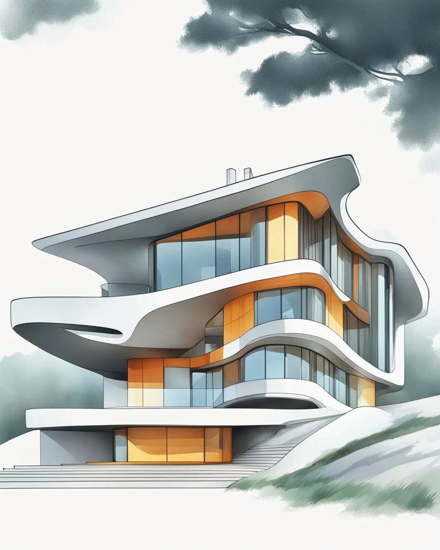 Dibujo realista de casa campestre, estilo Zaha Hadid, calidad ultra, hiperdetallado, 8k, colores complementarios, cuerpo completo