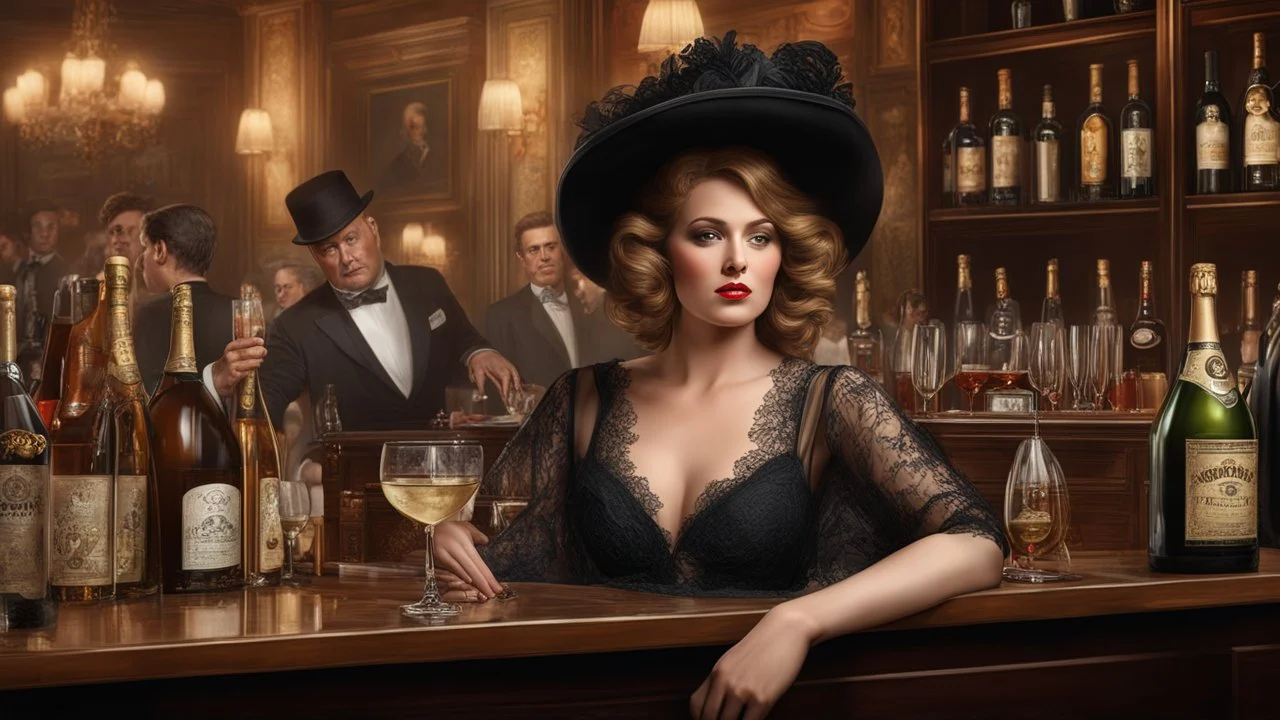 corrupt Woman 30 years old in a bar in Paris, drunk, whiskey, champagne, drinking, lace, 1917, men, audience, full-length drawing, 3d, 64k, high resolution, high detail, fine rendering, computer graphics, hyperrealism, f/ 16, 1/300 s. digital painting,