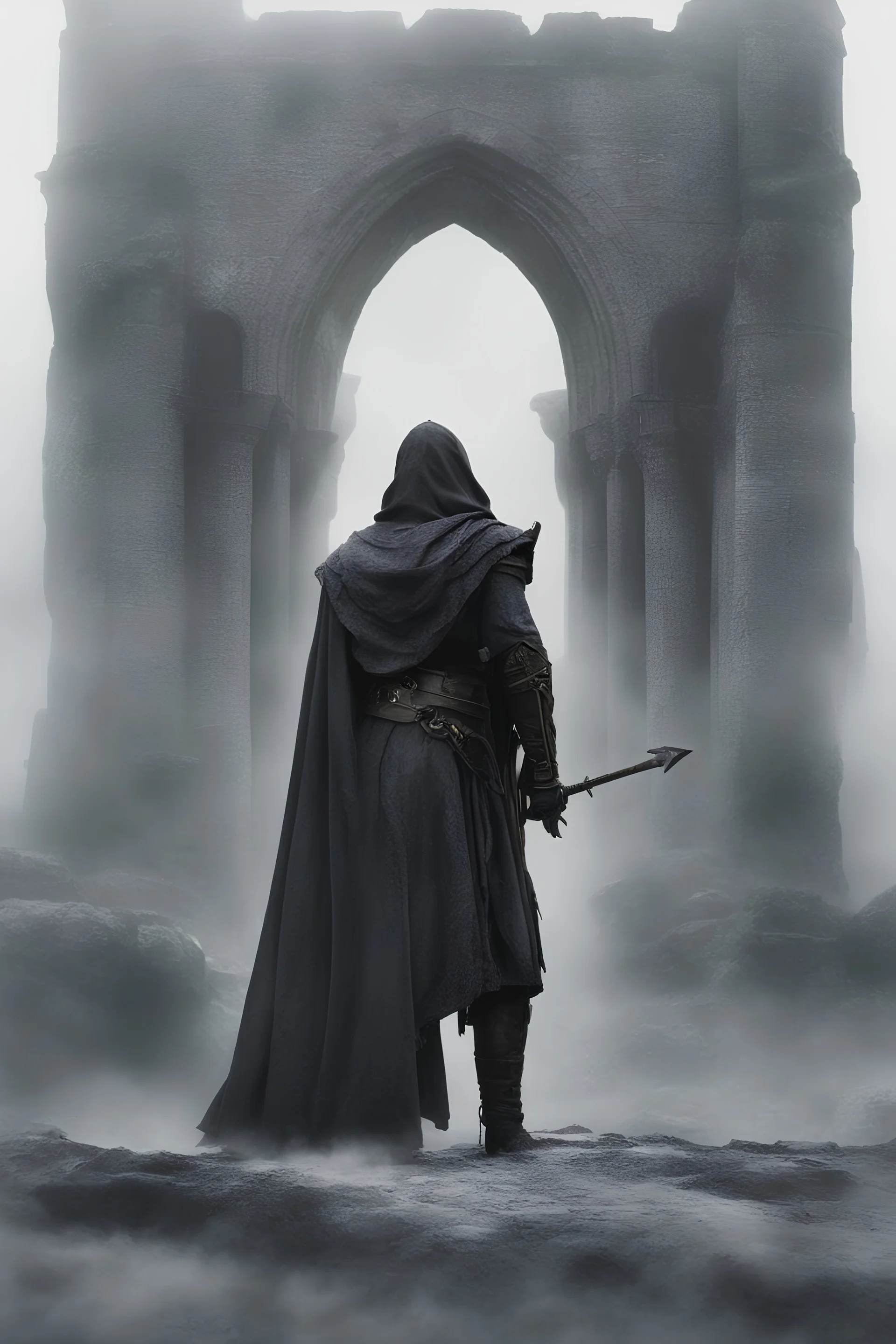 A mysterious knight, hooded and cloaked, stands at the entrance of an ancient, dilapidated castle. The castle looms in the background, shrouded in mist and surrounded by an air of foreboding. [Mysterious Knight, Hooded and Cloaked, Ancient Castle, Dilapidated Structure, Misty Atmosphere, Foreboding Presence]