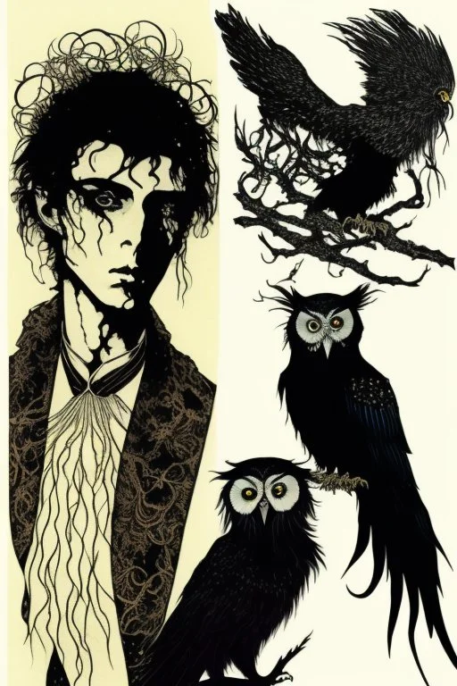 Black singed,black haired young man, warlock,with feathery owl-like hair, owl legs, owl faced, in the style of Harry Clarke,