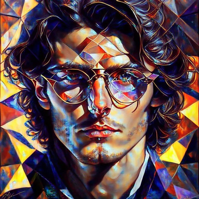 attractive young male wizard, trigonometric manganese Leonid Afremov style, detailed gorgeous face, fancy sunglasses, geometric Rubens on helium influence, hypermaximalist beautiful photorealistic detailed intricate eyes by Tom Blackwell, centered, symmetry, painted, intricate, volumetric lighting, beautiful, rich deep colors masterpiece, sharp focus, ultra detailed, in the style of dan mumford and marc simonetti, astrophotography Modifiers: fantasy cinematic lighting photorealistic ultra detai