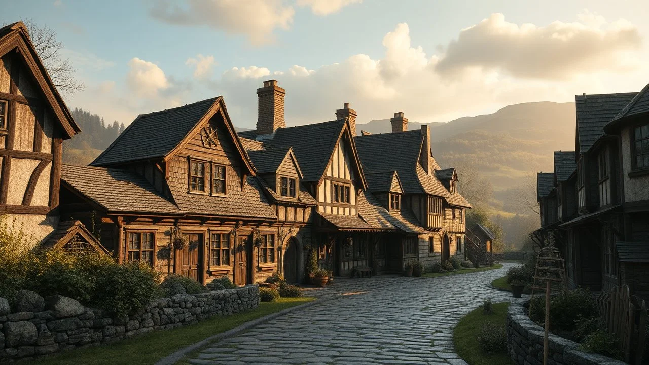 old village of Bree, wooden taverns and shops, stone pathway, by Andree Wallin and Thomas Heaton and Dylan Cole, surrounded British countryside, matte painting style, extremely detailed, photo realistic, sharp focus, smooth, high contrast, 8k, high detail, hyper realism, stunning volumetric lighting,