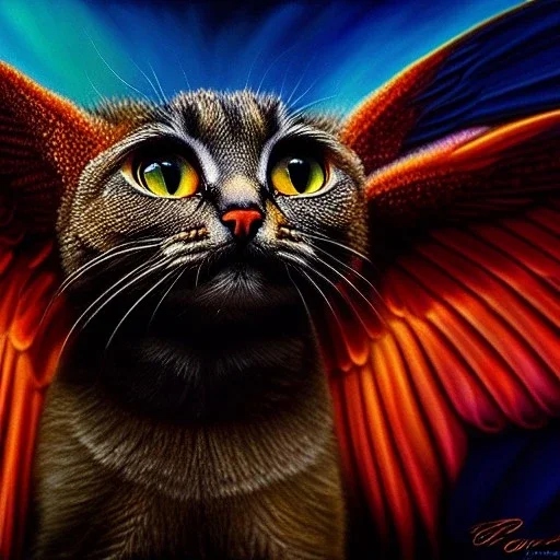 Ultra detailed fullbody Portrait in oil on canvas of winged vampire cat gargoyle,extremely detailed digital painting, extremely detailed face,crystal clear Big eyes, mystical colors ,perfectly centered image, perfect composition, rim light, beautiful lighting,masterpiece,8k, stunning scene, raytracing, anatomically correct, in the style of Bryanzap and uncannyknack and Ohrai Noriyoshi and Simon Bisley and tomzj1