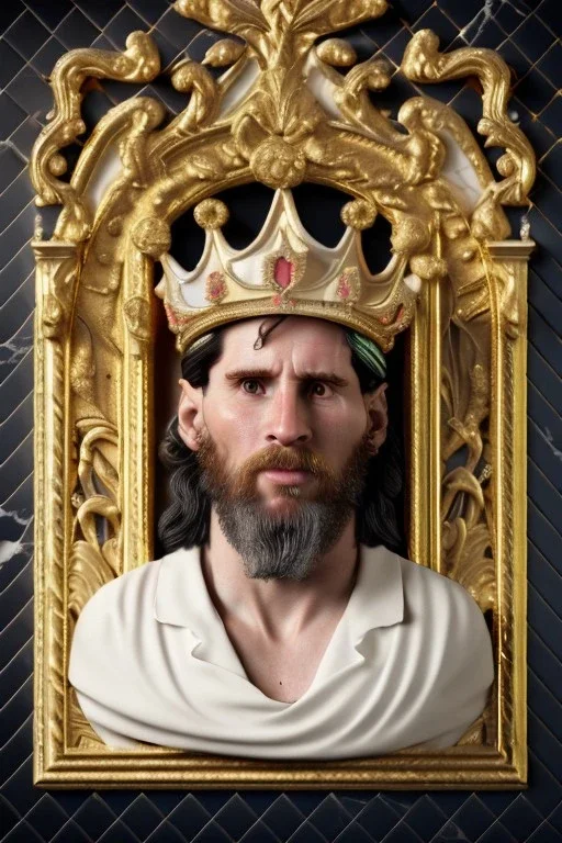 Realistic image, Baroque bas relief sculpture made in white marble with gold veins, Lionel messi with gold laurel leaves crown, decorative star on the chest, waist up portrait, marble material, gold ornaments, Baroque style, sun rays background, epic, celestial, cinematic lighting, God lights, 4k resolution, smooth details, soft lighting, unreal engine 5, art station, substance 3d.