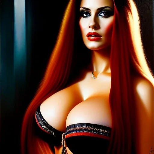 portrait of beautiful busty Julie from heavy metal fakk 2 painting by Brom , oil on canvas, cinematic composition, extreme detail,fit full head inside picture,8k