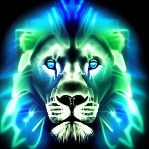 A beautiful portrait of a cyborg lion blue neon color scheme, high key lighting, volumetric light high details psychedelic background