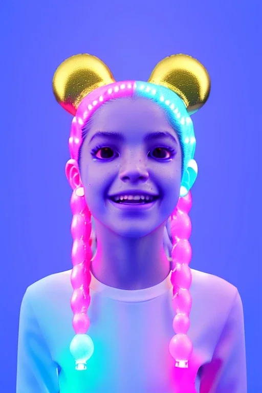 Rosalía artist, Ultra Realistic image, waist up portrait, perfect gold teeth, black eye line, sweet smile face, pigtails hair, spray line make up, geometric, gold, big rings piercing, led ornament, bubble latex coat, inflatable, cold, led lights, geometric, neon, pink, blue, gold, vibrant color, highly detailed, art stations, concept art, smooth, unreal engine 5, god rays, ray tracing, RTX, lumen lighting, ultra detail, volumetric lighting, 3d, finely drawn, high definition, high resolution.