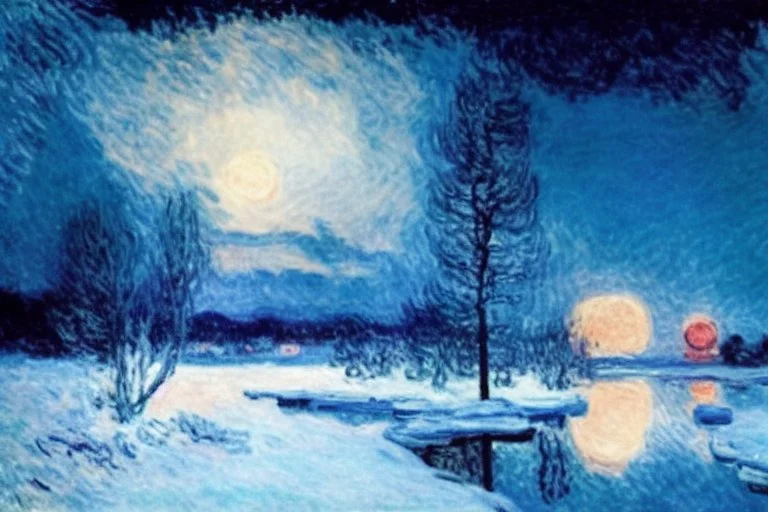 Night, Moon, distant mountains, pine trees, lagoon, lagoon reflections, winter, ice, snowy land, lesser ury and claude monet impressionism painting