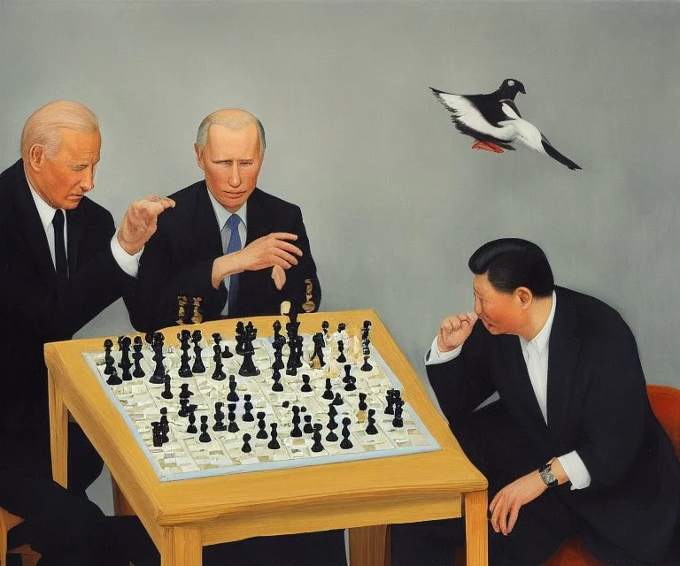 Putin, President Xi Of China And Joe Biden Play Chess With A Pigeon,Complex Surgical Instruments,A Newborn Boy,Minimalism,Painting By Lucian Freud,Rene Magritte,Adrian Ghenie,Michelangelo,Salvador Dali,Pablo Picasso