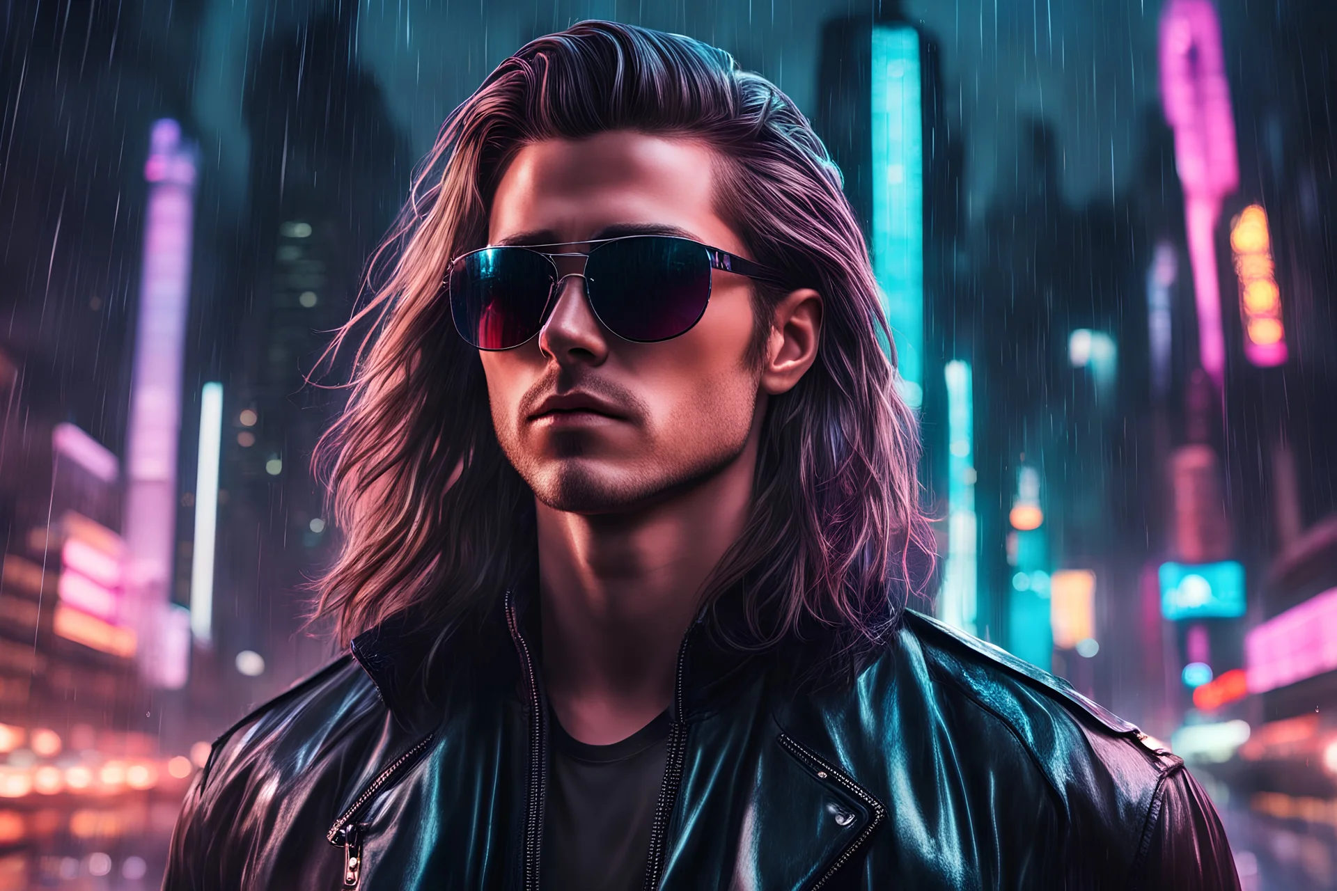 A thin Zack Efron frontal wearing sunglasses, very long hair and a leather jacket, looking downward futuristic dark rainy city clair-obscur background, Blurry photo-realistic synthwave, darksynth, retrowave, Syd Mead style