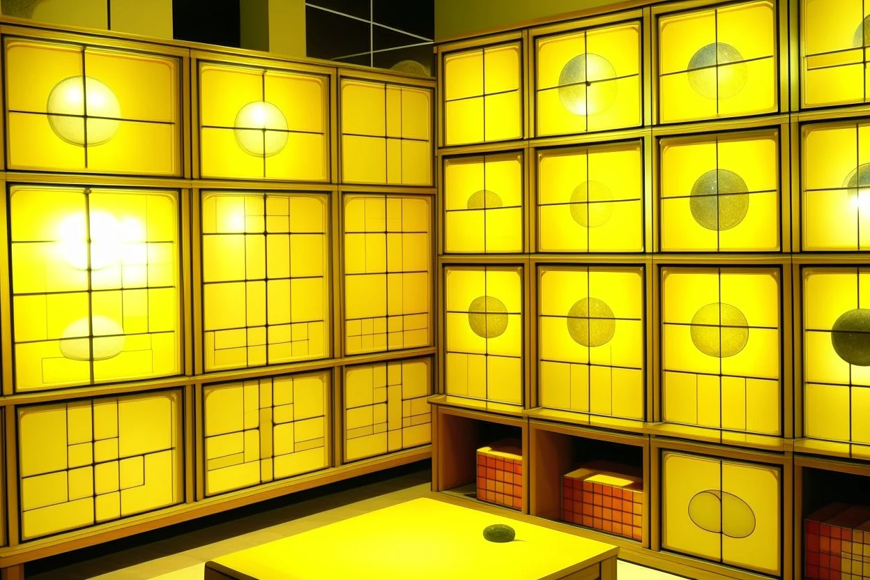 A light yellow psychic library with glowing orbs painted by Piet Mondrian