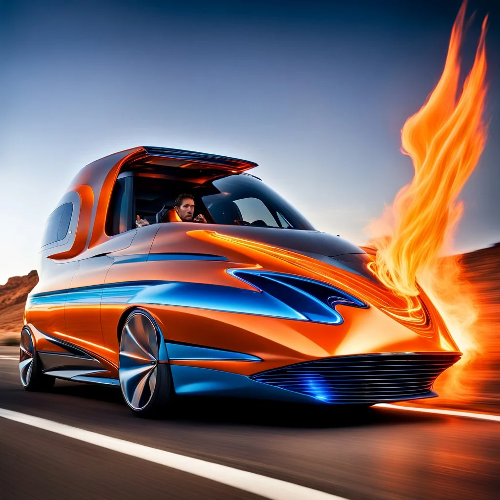 award winning car and driver photograph of a futuristic station wagon dirigibl+ hybrid designed by only one vehicle per image painted metallic orange traveling at a high rate of speed, jet intake off of front center of vehicle and jet exhaust out the rear with bright blue flame, bilaterally symetrical, more a high speed road vehicle