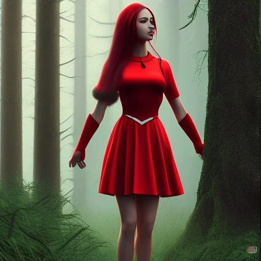 Girl with red dress in the forest