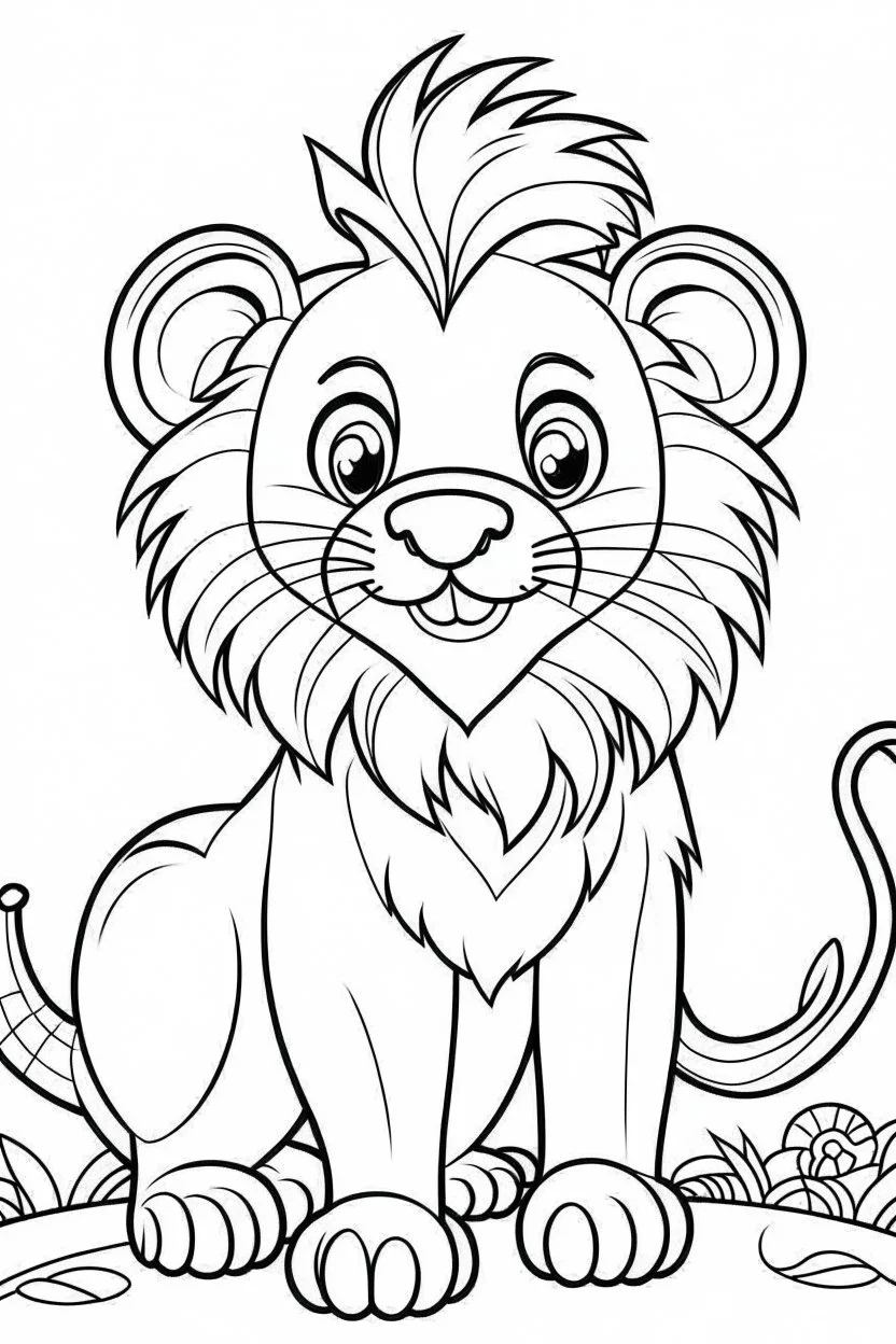 coloring page for kids, LION, cartoon style, thick outline, low details, no shading, VIVID COLOR