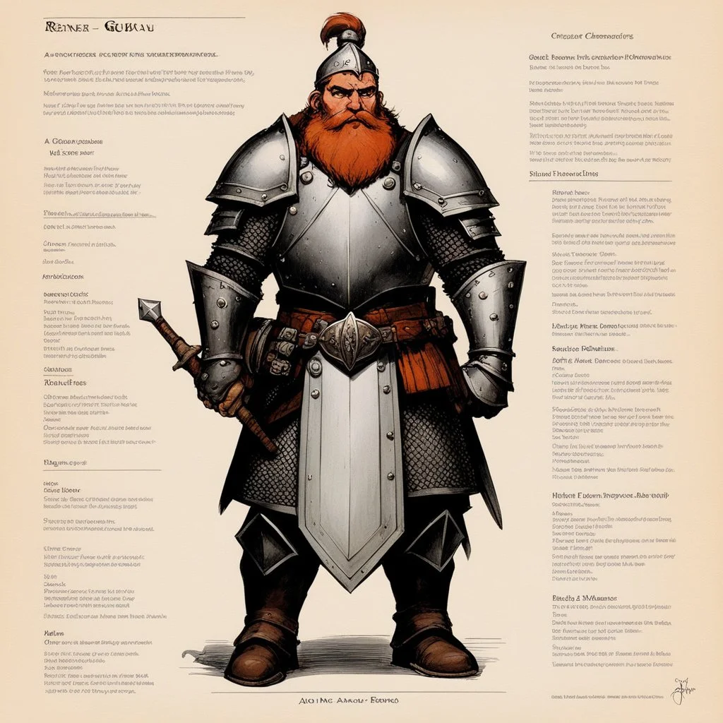 character concept sheet with AD&D statistics and characteristics, [illustration by René Gruau] a dwarf cleric in heavy armour and his mace